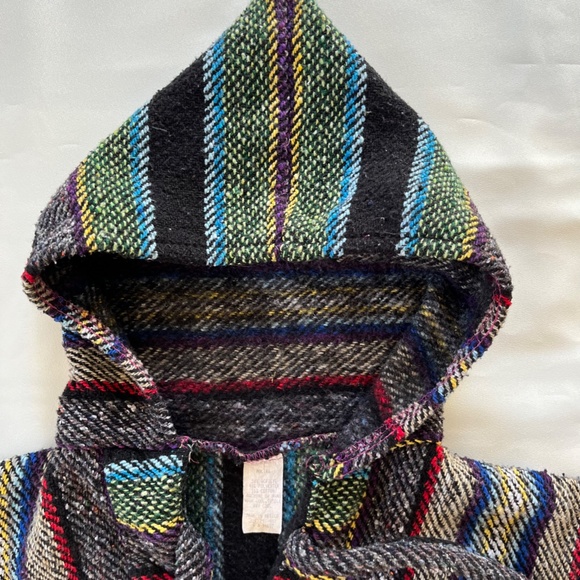 MOLINA Vintage Mexican Baja Blanket Drug Rug Hoodie Grey Green Surfer Poncho M - Picture 2 of 11
